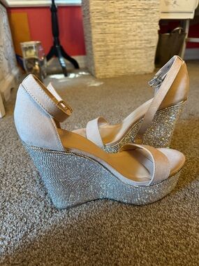 Fashion Nova Blush Nude Rhinestone Wedge Sandals